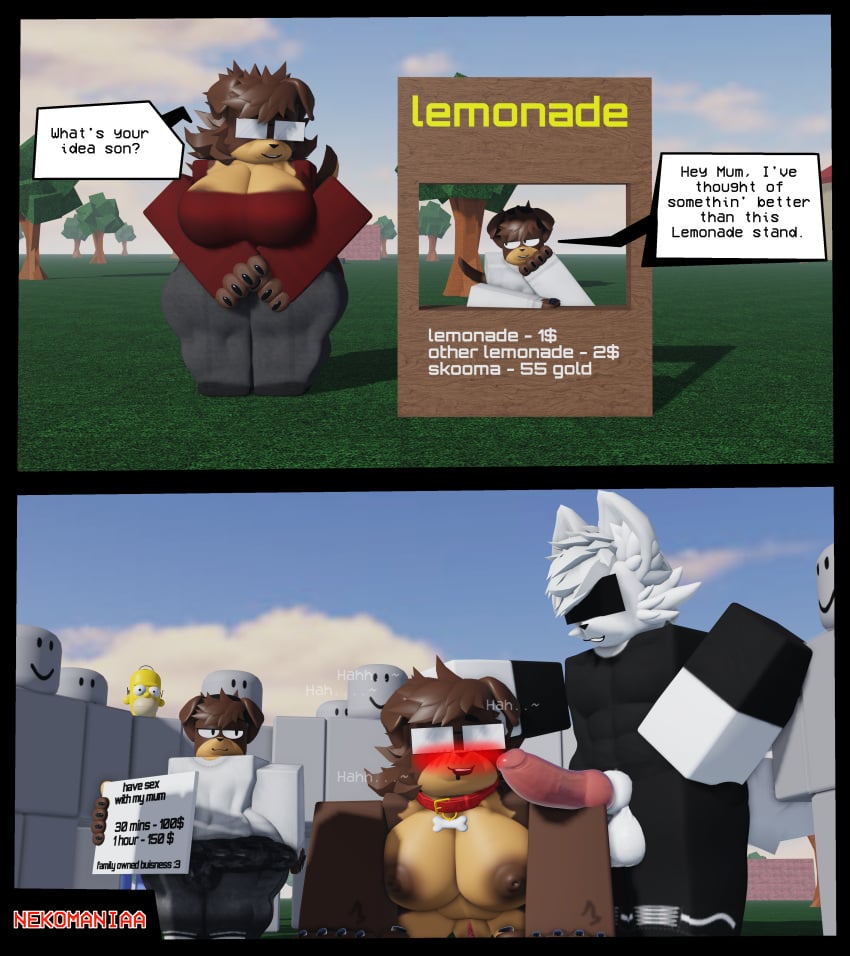 3d anthro brown_fur canine clothed_male furry lemonade_stand male/female mother_and_son nekomaniaa nude_female oc roblox roblox_avatar robloxian self_upload size_difference tagme