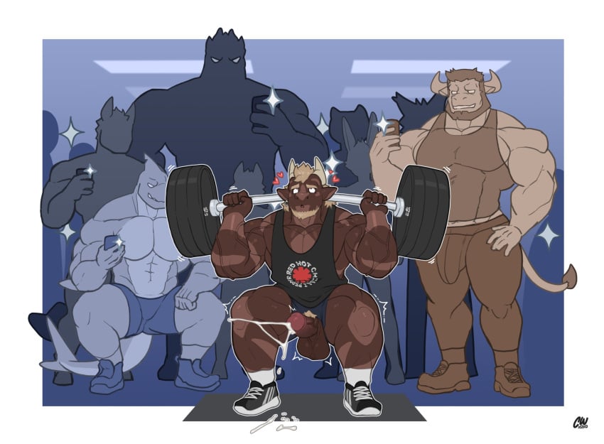 anthro balls bara big_penis boner bulge charcoalwaffle26 cum cwaffle erection exercise flaccid furry horns male male_only muscles muscular orgasm penis penis_out scalie weightlifting