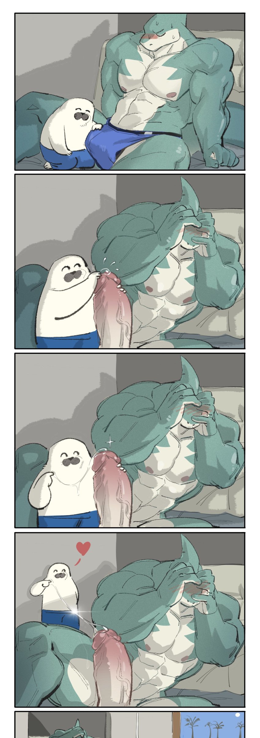 1500jiangbao absurd_res anthro anthro_on_anthro big_penis biped blush bodily_fluids comic dorsal_fin duo erection fin fingers fish genital_fluids genitals glans hi_res humanoid_genitalia humanoid_penis interspecies male male/male mammal marine muscular muscular_anthro muscular_male penis pinniped precum precum_string predator/prey seal shark vein veiny_penis