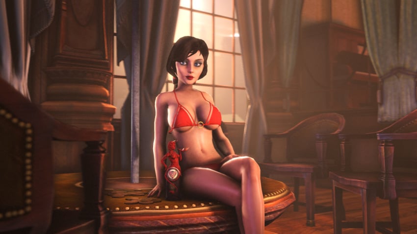 3d bikini bioshock bioshock_infinite blue_eyes breasts brown_hair cleavage elizabeth_comstock female large_breasts looking_at_viewer navel ponytail sitting solo source_filmmaker tied_hair underboob zalsfm