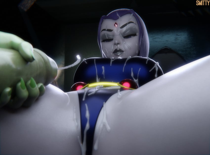 3d beast_boy big_breasts big_penis blender cum cum_on_body cum_on_breasts cum_on_face dc dc_comics green_skin grey_skin large_breasts large_penis purple_hair raven_(dc) smitty34 teen_titans thick_thighs