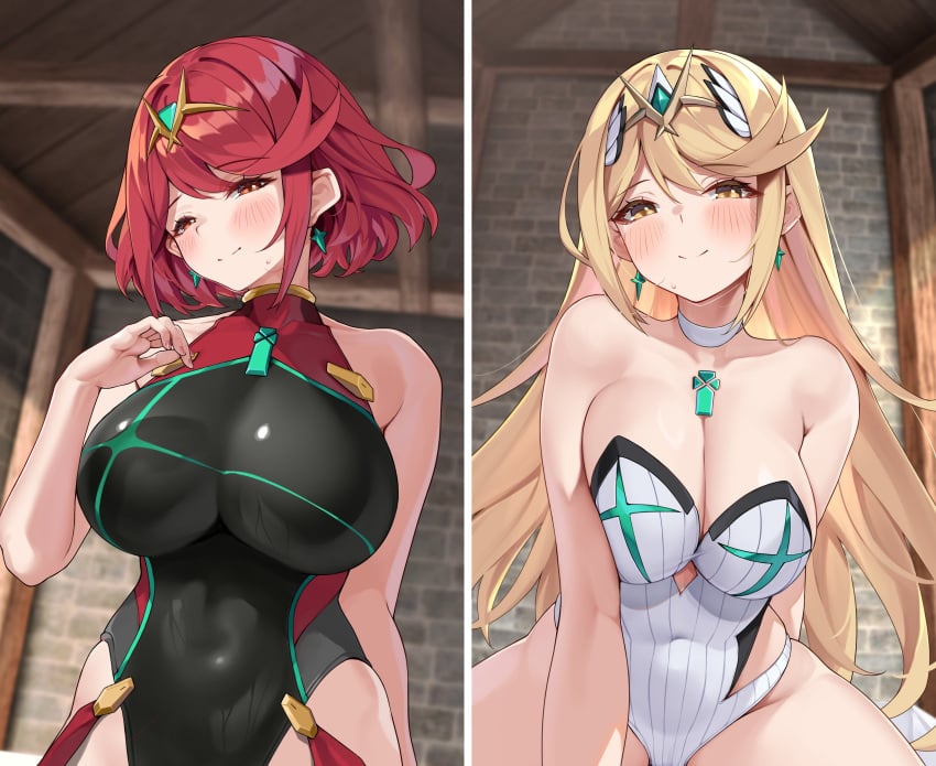 2girls aqua_gemstone arm_support bare_arms big_breasts black_one-piece_swimsuit blonde_hair blush bob_cut breasts brick_wall chest_jewel commentary_request competition_swimsuit core_crystal core_crystal_(xenoblade) covered_collarbone earrings female female_focus female_only hand_up highleg indoors jewelry long_hair looking_at_viewer matriks matrix16 mythra nintendo on_bed one-piece_swimsuit open_mouth pyra red_eyes red_hair short_hair solo stomach super_smash_bros. super_smash_bros._ultimate swept_bangs swimsuit tagme thighs tiara two-tone_swimsuit white_background xenoblade_(series) xenoblade_chronicles_2 yellow_eyes