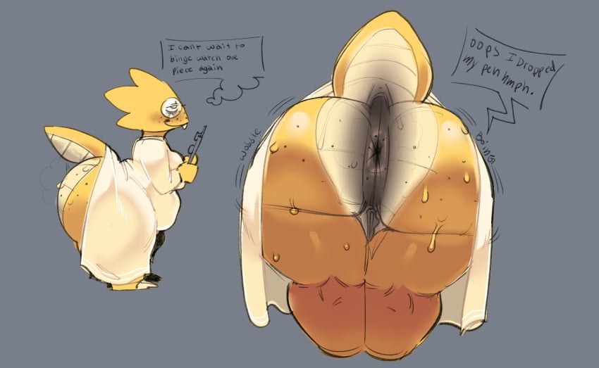 1girls alphys anthro anus ass ass_bigger_than_head behind_view bending_over big_ass big_butt bottom_heavy bottomless bubble_butt buckteeth chubby chubby_female clothing curvaceous curvy curvy_figure dark_anus dat_ass dialogue english_text female female_only glasses grey_background huge_ass mole mole_on_anus mole_on_ass monster_girl mostly_nude nerd nerdy_female onomatopoeia puffy_anus pussy scalie scientist side_view solo solo_female sweat sweating sweaty sweaty_butt sweaty_thighs tagme tail teatimetrin text thick_thighs undertale voluptuous voluptuous_female wide_hips wobbling_ass