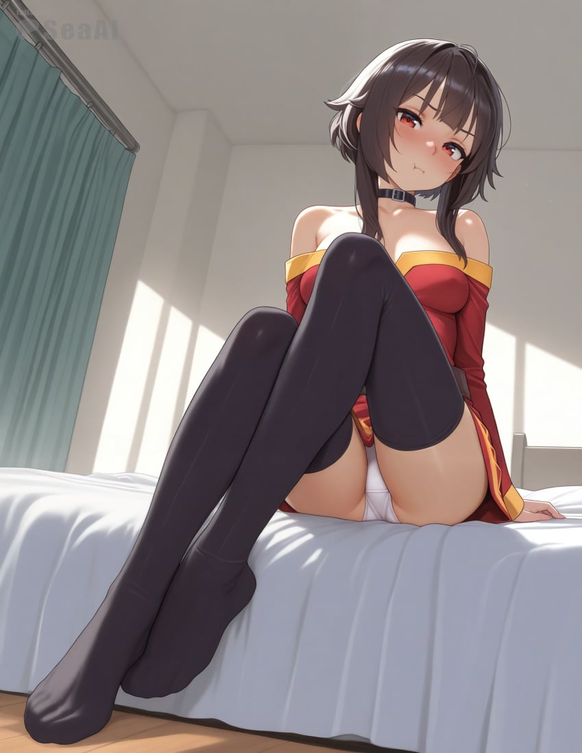 1girls ai_generated dress feet full_body kono_subarashii_sekai_ni_shukufuku_wo! looking_at_viewer megumin panties pout seacreator sitting sitting_on_bed underwear