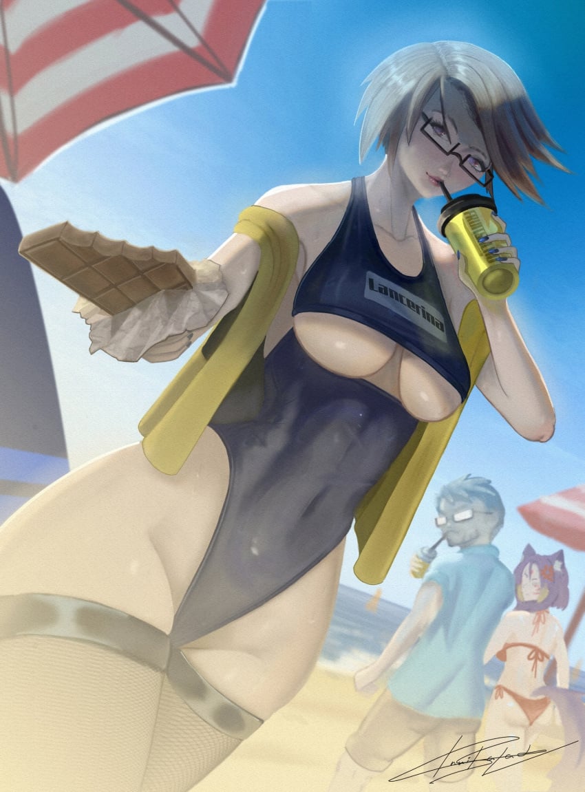 1boy 2girls beach bikini black_swimsuit breasts catgirl distracted_boyfriend fishnet_thighhighs fishnets fruitsalad glasses highleg highleg_swimsuit lancer_hard lanserina large_breasts meme miqo'te one-piece_swimsuit solo_focus thighhighs under-rim_eyewear underboob underboob_cutout