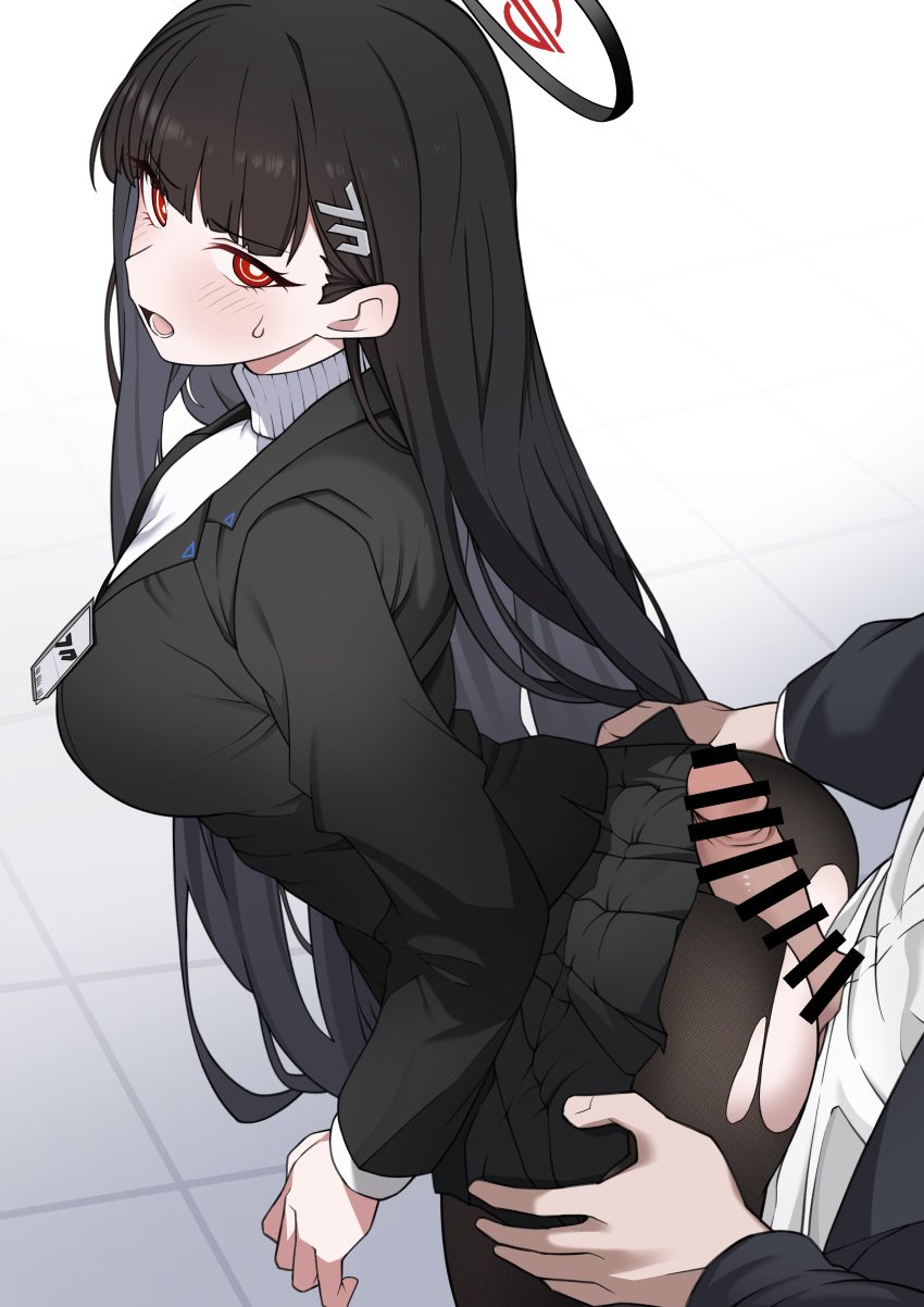 0haribo0 1boy absurdres bar_censor black_hair black_halo black_jacket black_skirt blazer blue_archive blush breasts censored clothes_lift commentary_request erection female grinding hair_ornament hairpin halo highres jacket large_breasts leaning_forward long_hair long_sleeves miniskirt open_mouth pantyhose penis penis_on_ass pleated_skirt red_eyes rio_(blue_archive) skirt skirt_lift straight sweat sweater torn_clothes torn_pantyhose torso_grab turning_head turtleneck turtleneck_sweater very_long_hair white_sweater