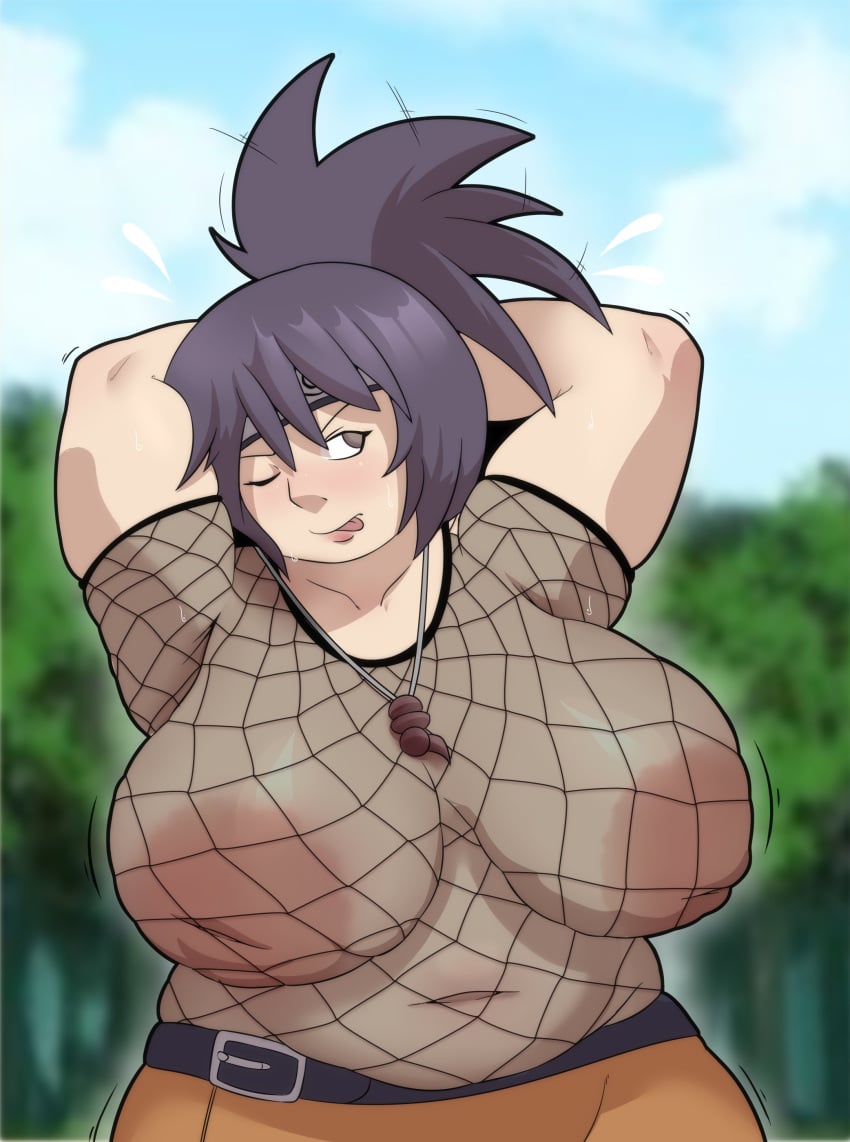 100_nails 1girls bbw belly big_breasts breasts canon_bbw fat female huge_breasts mesh_shirt mitarashi_anko naruto naruto_(series) nipples overweight overweight_female purple_hair solo