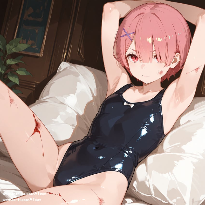 ai_generated armpits athletic_leotard bouquet bruised chart flat_chest kind_smile ram_(re:zero) re:zero_kara_hajimeru_isekai_seikatsu seductive_sitting wounded