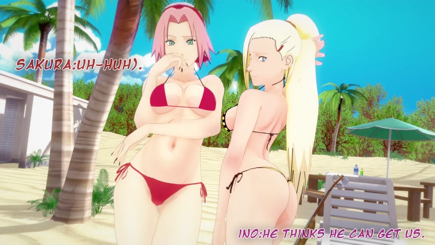 18_(artist) 2girls ass beach bikini dream_girl emoji hot_body ino_yamanaka koikatsu naruto sakura_haruno swimsuit