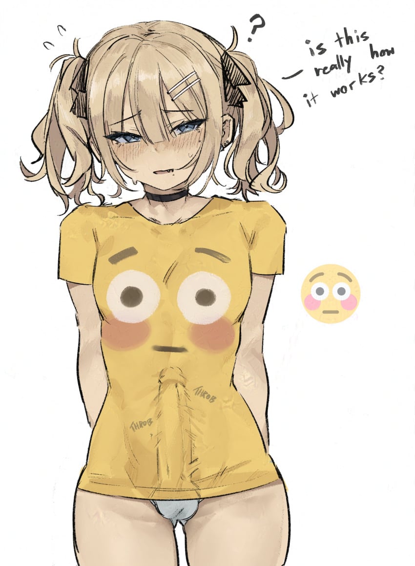 absurd_res blonde_hair blonde_male blush blush_lines blushing blushing_at_viewer bulge bulge_through_clothing emoji english_text erection erection_under_clothes fang femboy flushed_emoji_shirt horny horny_male looking_at_viewer nabi_(nabibutter) nabibutter no_pants original original_character penis_under_clothes question_mark snaggle_tooth sweatdrop sweating text throbbing throbbing_penis trap twink