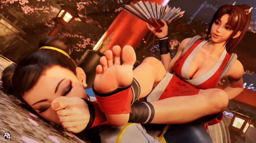 barefoot breasts chun-li closed_eyes feet foot_fetish king_of_fighters mai_shiranui sitting_on_person soles stirrup_legwear stirrups street_fighter street_fighter_6 toes