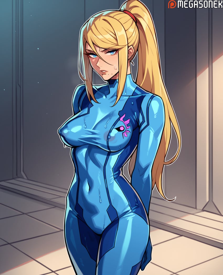 ai_generated bangs blonde_hair blue_bodysuit blue_eyes bodysuit breasts covered_navel covered_nipples cowboy_shot female hair_between_eyes long_hair looking_at_viewer medium_breasts megasonek metroid mole mole_under_mouth nintendo patreon_username ponytail samus_aran sidelocks skin_tight solo sweat tiles watermark wet zero_suit zero_suit_samus