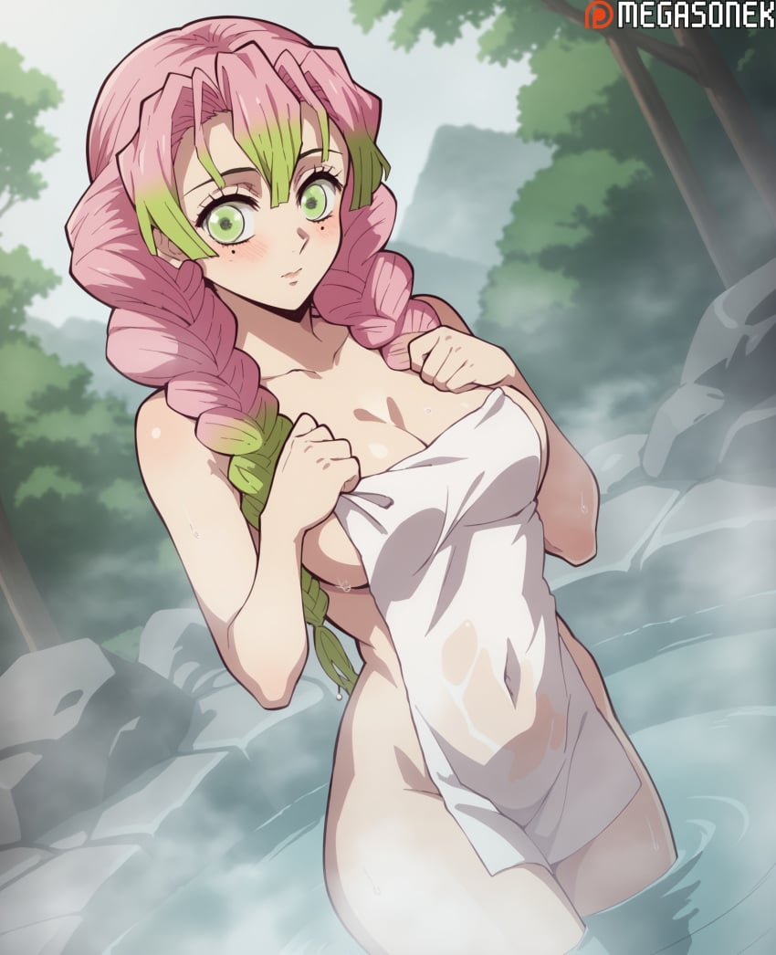 ai_generated blush braid breasts cleavage closed_mouth collarbone covered_navel covering demon_slayer female gradient_hair green_eyes green_hair holding_towel kanroji_mitsuri large_breasts long_hair looking_at_viewer megasonek mole mole_under_eye multicolored_hair nude_cover onsen outdoors patreon_username pink_hair solo steam towel twin_braids wading water watermark wet