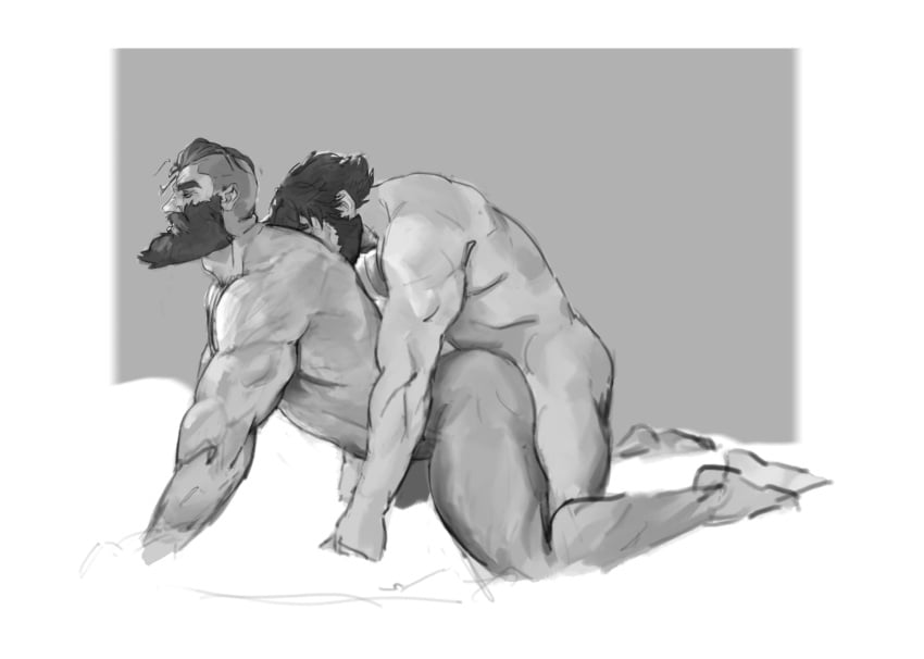 2boys abs anal arcane:_league_of_legends bara beard closed_eyes doggy_style english_commentary facial_hair greyscale highres league_of_legends long_hair loris_(arcane) male_focus monochrome multiple_boys muscular muscular_male pectorals rictus_(arcane) slvr47 topless_male yaoi