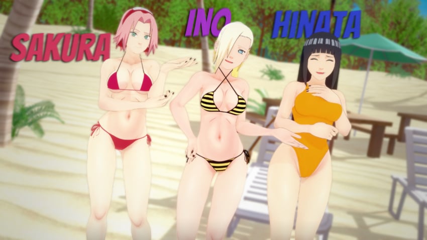 3girls anime beach bikini cute hyuuga_hinata ino_yamanaka koikatsu naruto sakura_haruno sexy swimsuit waifu