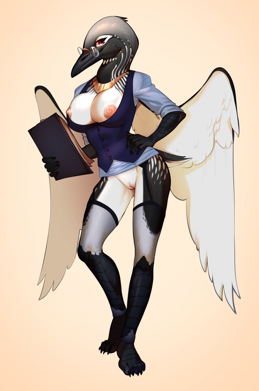 aino_ikalainen anthro avian beak big_breasts bird bottomless bottomless_anthro bottomless_female breasts clipboard clothed clothing common_loon eyewear feathered_wings feathers female front_view garter_straps genitals glasses hi_res holding_clipboard holding_object jewelry legwear long_neck necklace necroizu partially_clothed pussy red_eyes round_glasses shirt short_tail slim slim_anthro slim_female smile solo standing suit_vest tail thigh_highs topwear vest wings