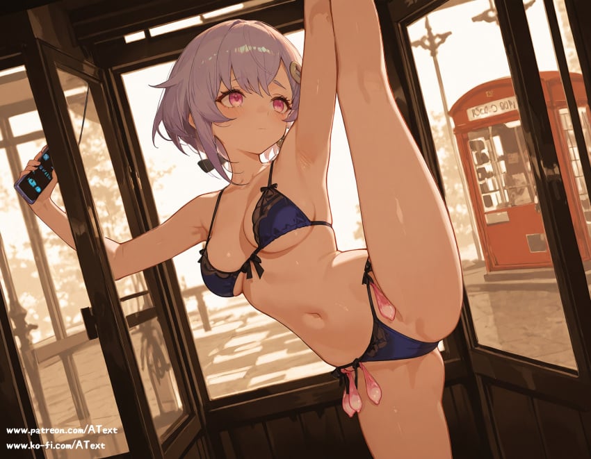 aged_up ai_generated armpits beautfiul_background condom condom_belt disheveled genshin_impact large_breasts light_blush phone_booth qiqi_(genshin_impact) scratched standing_split stunning_backgroud used_condom web_address