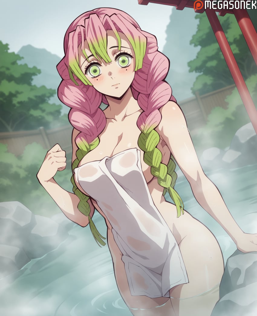 ai_generated blush braid breasts cleavage collarbone demon_slayer female gradient_hair green_eyes green_hair kanroji_mitsuri large_breasts long_hair looking_at_viewer megasonek mole mole_under_eye multicolored_hair nude_cover onsen outdoors patreon_username pink_hair solo steam towel twin_braids wading water watermark