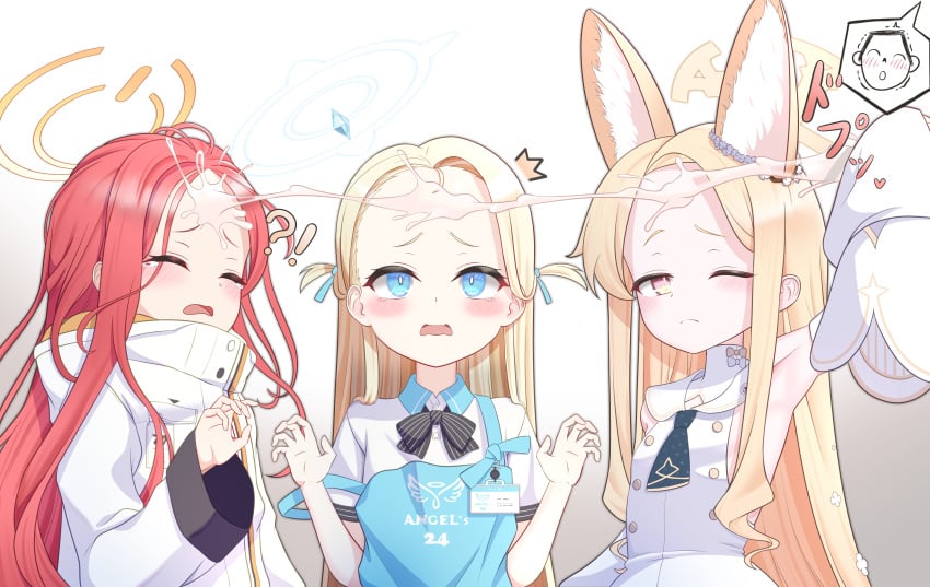 !? 3girls absurdres angel's_24_uniform_(blue_archive) animal_ear_fluff animal_ears apron arm_up armpits blonde_hair blue_apron blue_archive blue_eyes blush closed_eyes closed_mouth commentary cross_halo detached_sleeves doodle_sensei_(blue_archive) dress flower forehead fox_ears fox_girl gnoet gradient_eyes hair_flower hair_ornament halo hand_up hands_up highres id_card jacket long_hair long_sleeves multicolored_eyes multiple_girls one_eye_closed open_mouth red_hair seia_(blue_archive) sensei_(blue_archive) shirt short_sleeves sleeveless sleeveless_dress sleeves_past_fingers sleeves_past_wrists sora_(blue_archive) tears two_side_up upper_body white_dress white_jacket white_shirt white_sleeves yellow_eyes yellow_halo yuzu_(blue_archive)