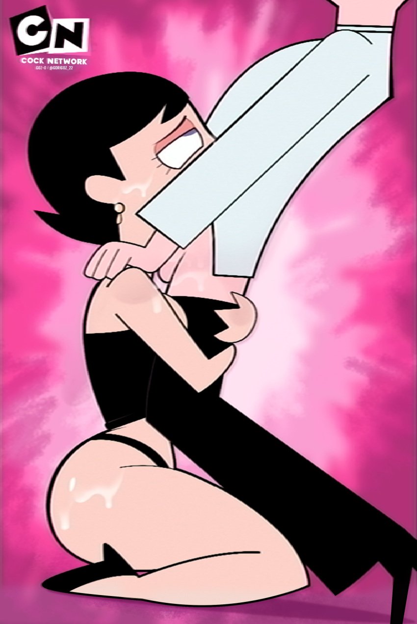 1boy 1girls artist_name ass black_dress black_footwear black_hair black_panties black_underwear blush breasts clothing deepthroat dress earrings female female gosgoz high_heels hug jewelry kneeling male ms._keane oral pantsu pink_background powerpuff_girls professor_utonium semen shirt short_hair straight underwear