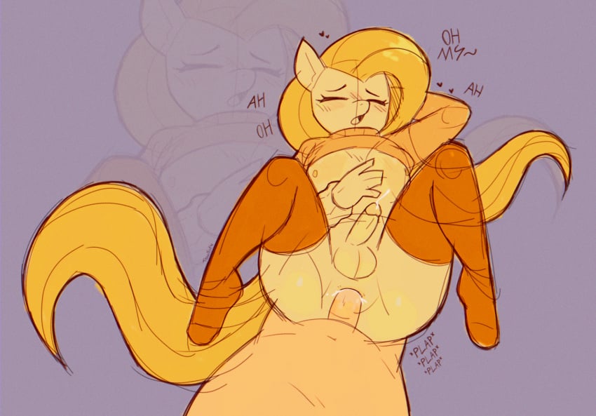 1boy 1girls anal anthro cum_in_ass cumming_while_penetrated cute dickgirl fluttershy_(mlp) horse human_on_anthro human_penetrating my_little_pony pleasure_face pony pov sketch socks sweater thighhighs trans_woman tysobro