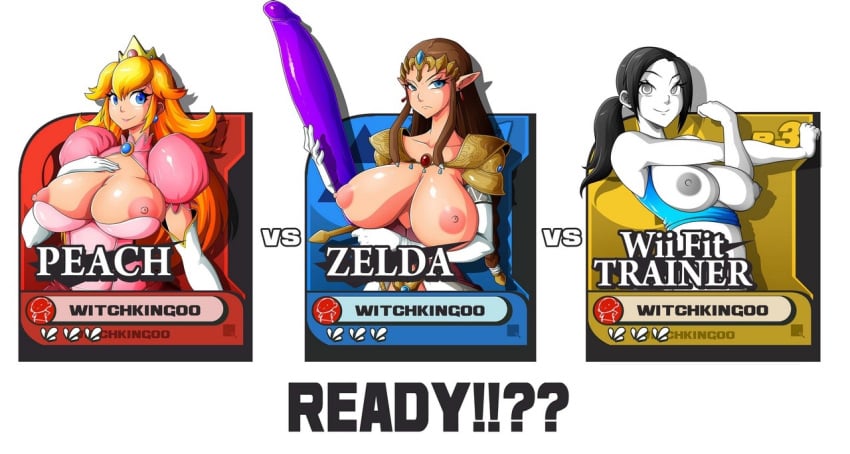 3girls areola blonde_hair blue_eyes breasts busty cleavage comic dildo dildo_sword eyeliner female female_only lipstick mario_(series) multiple_girls mushroom nintendo nipples princess_peach princess_zelda super_smash_bros. super_smash_bros._for_nintendo_3ds_and_wii_u the_legend_of_zelda twilight_princess voluptuous wii_fit wii_fit_trainer witchking00 zelda_(twilight_princess)