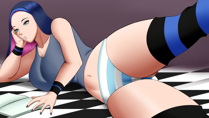 alternate_version_available breasts female green_eyes large_breasts leg_lift leg_up leg_warmers lips multicolored_hair panties panty_&_stocking_with_garterbelt poketune stocking_anarchy striped_panties stripes tank_top teal_eyes two-tone_hair