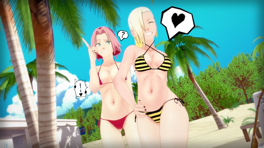 18_(artist) 2girls ass beach bikini dream_girl emoji hot_body ino_yamanaka koikatsu naruto sakura_haruno swimsuit