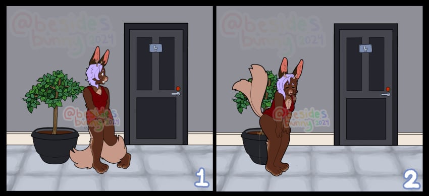 2024 2_tails anthro bathroom besidesbunny biped black_border bodily_fluids border breasts brown_body brown_fur canid canine canis cleavage clothed clothing clothing_lift comic desperation digital_drawing_(artwork) digital_media_(artwork) dress dress_lift female fluffy fluffy_tail fur genital_fluids hair hi_res hybrid lagomorph leporid mammal multi_tail neil_(besidesbunny) nonbinary_(lore) omorashi open_mouth peeing plant public public_restroom purple_hair rabbit raised_clothing raised_tail raised_topwear red_clothing red_dress relieved simple_background smile solo sweat tail topwear trans_(lore) trans_man_(lore) urine urine_stream watersports wetting wolf