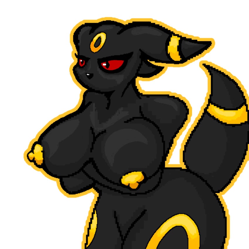 big_breasts black_body breasts caritxxx cartoon eeveelution female furry_female naked naked_female nipples no_background png png_file pokemon pokemon_(species) red_eyes self_upload solo_female standing umbreon yellow_nipples