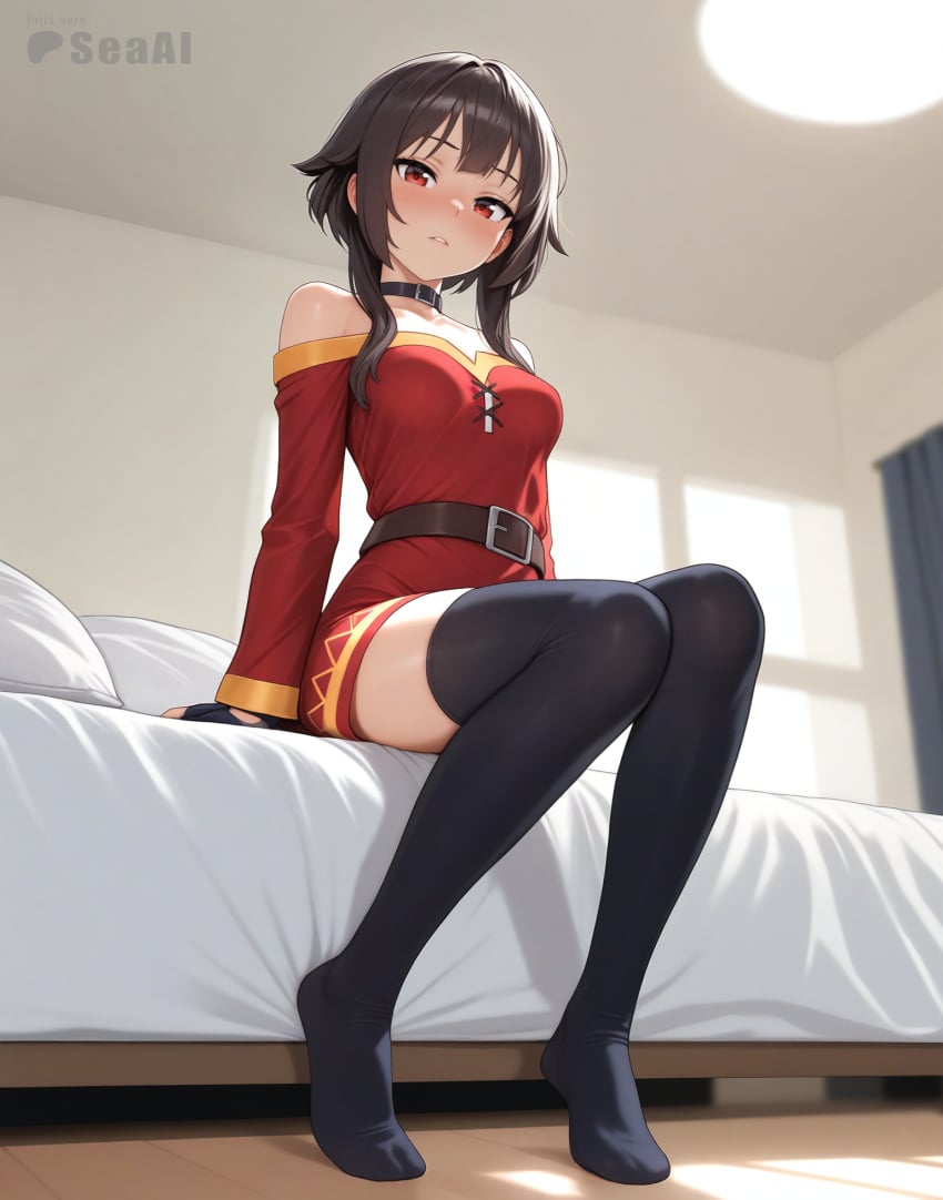 1girls ai_generated dress feet full_body kono_subarashii_sekai_ni_shukufuku_wo! looking_at_viewer megumin seacreator sitting sitting_on_bed stockings