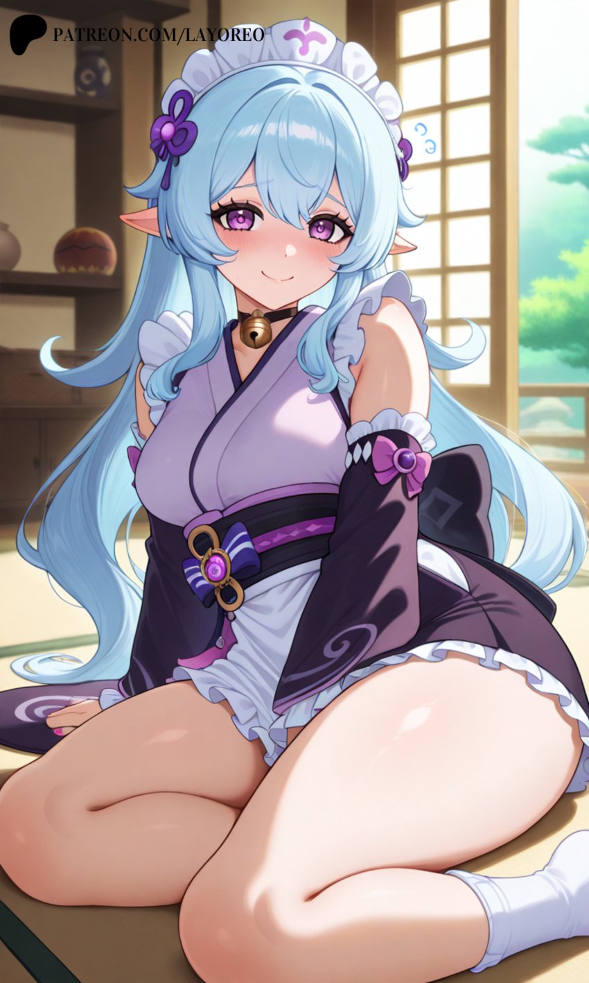 ai_generated black_eyelashes black_eyeliner black_eyeshadow blue_hair blushed_face eyelashes female genshin_impact lay-oreo light_blue_hair purple_eyes shy thick_thighs yumemizuki_mizuki