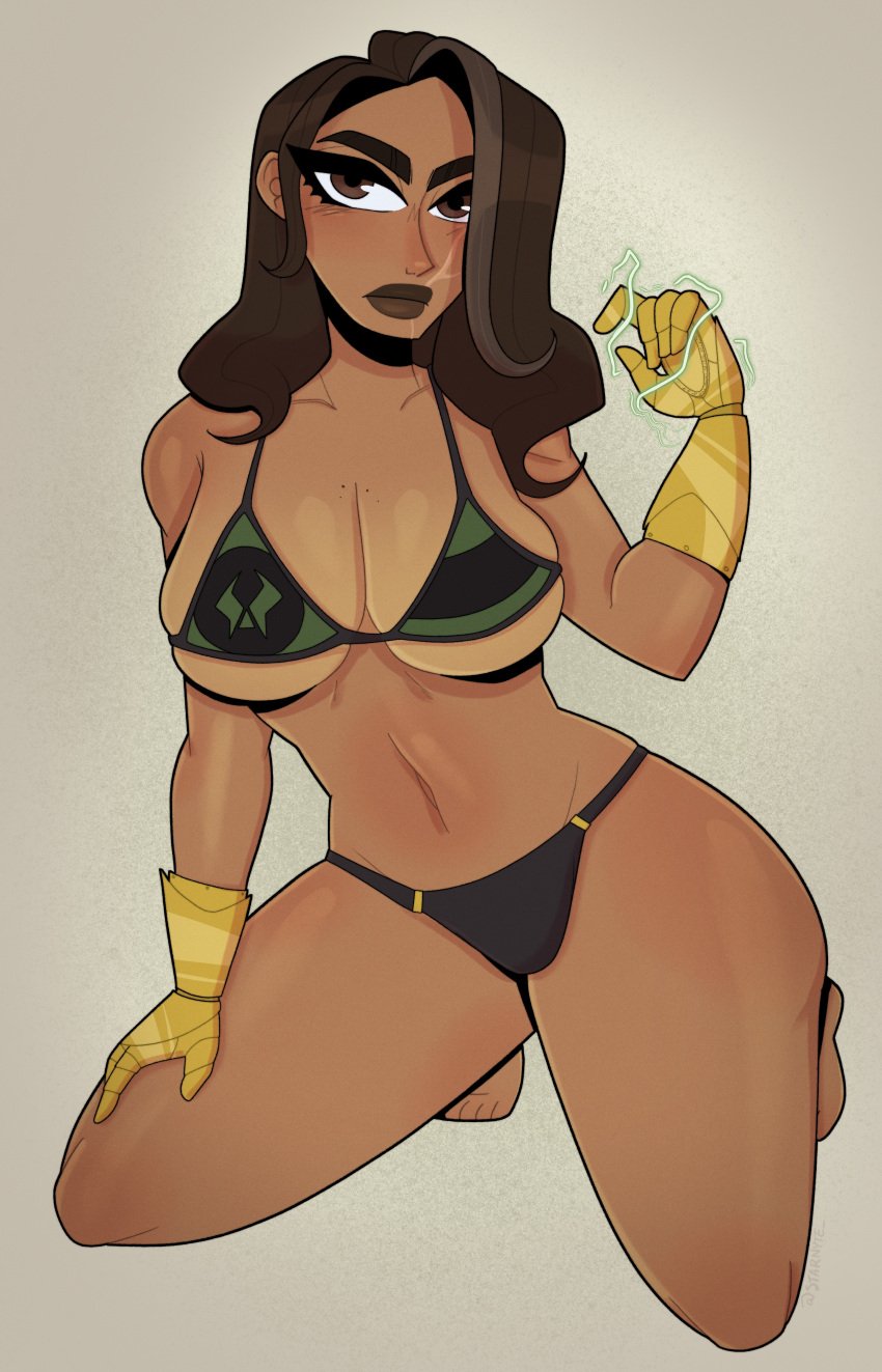 alternate_universe alternate_version_at_source armor armored_gloves artist_name artist_signature big_ass big_breasts bikini brown_eyes brown_hair dark-skinned_female doctor_doom electricity facial_scar fantastic_four flag_bikini gauntlets gold_armor grey_streaks latverian_flag marvel marvel_comics melat0nin pinup romani rule63 rule_63 rule_63 scar starbryte victor_von_doom viktorija_von_doom