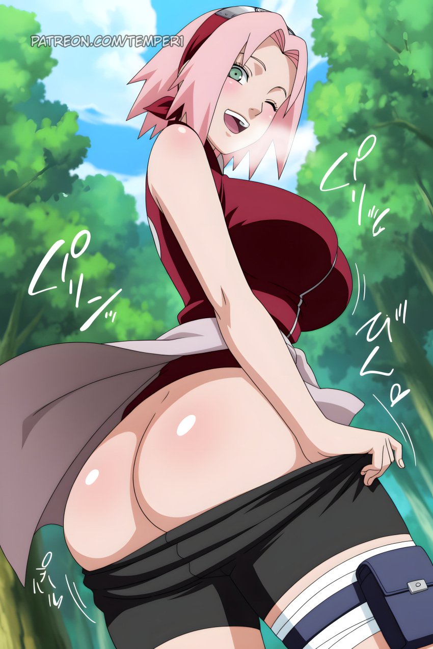 ;d ai_generated ass bike_shorts black_shorts blue_sky blush breasts clothes_pull cloud day female forehead_protector forest green_eyes headband large_breasts looking_at_viewer looking_back naruto_(series) one_eye_closed open_mouth outdoors pink_hair pulled_by_self red_shirt sakura_haruno shirt short_hair shorts shorts_pull sky sleeveless sleeveless_shirt smile solo standing tree watermark web_address