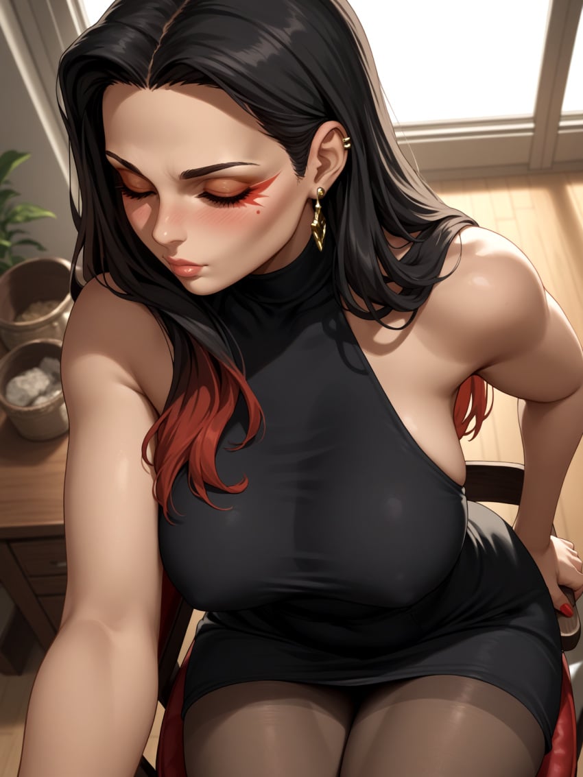 1girls ai ai_assisted ai_generated apex_legends arm_support big_breasts big_sister black_dress black_hair blush bracelet bracelets chair choker collarbone conniexx curvaceous curvy curvy_body curvy_female curvy_figure dominant_female earring earrings facing_away female hair_over_shoulder halter_dress hi_res high_quality high_resolution highres indoors jewelry knees large_breasts leaning_forward legs_together lips living_room loba_(apex_legends) looking_at_viewer makeup mature_female milf muscular muscular_female older_female older_sister orange_eyes pantyhose pony_diffusion_xl puckered_lips red_nails selfie shoulders silver_jewelry sitting small_waist straight_hair thick_thighs thighs wide_hips