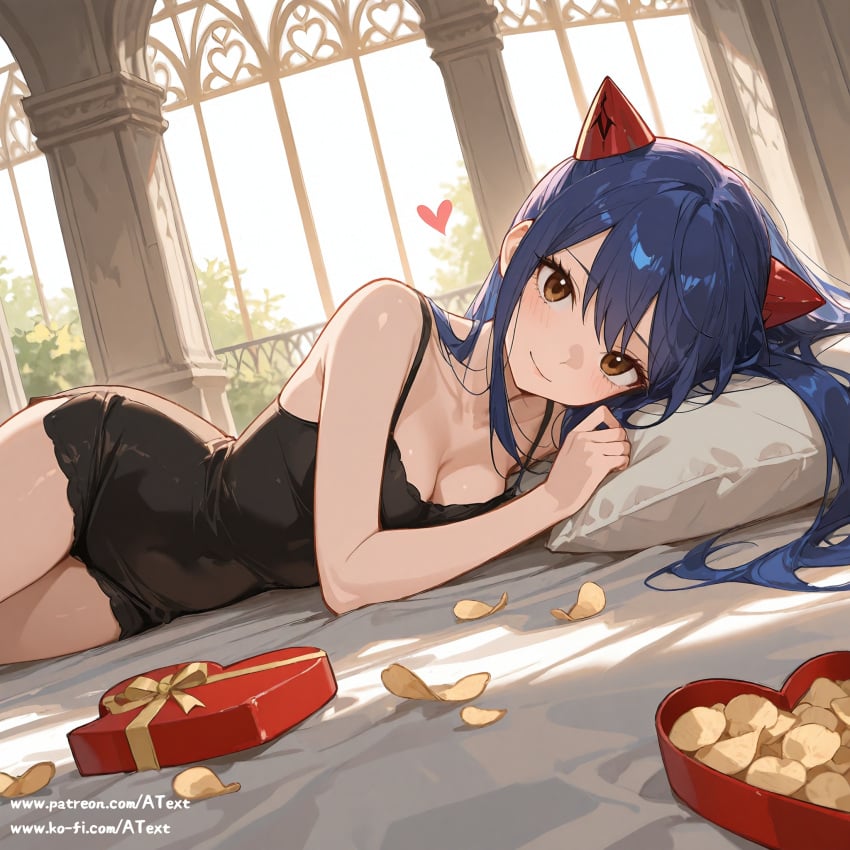 ai_generated blue_hair blush botanical_garden breasts chips fairy_tail heart-shaped_box key looking_at_viewer medium_breasts prone smile wendy_marvell