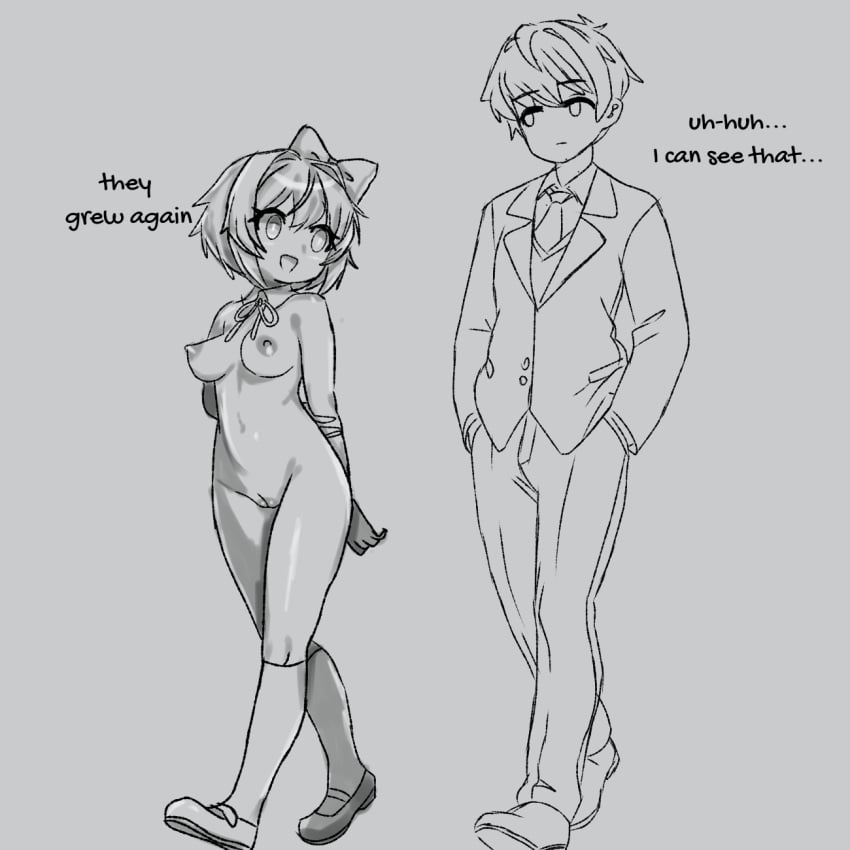 1boy 1girls artist_upload casual_exposure casual_nudity detached_collar doki_doki_literature_club english_text mc_(doki_doki_literature_club!) medium_breasts monochrome nipples nude perky_breasts pussy sayori_(doki_doki_literature_club) school_uniform self_upload short_hair sketch somnipheromone text walking