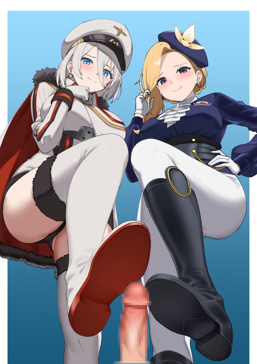 1boy 2girls absurdres arm_under_breasts azur_lane black_boots black_panties blonde_hair blue_background blue_eyes blue_hat blush bootjob boots border breasts cape censored dress earrings english_commentary footjob fur-trimmed_boots fur-trimmed_cape fur_trim gloves gradient_background hair_between_eyes hand_on_own_chin hand_on_own_hip hat highres hood_(azur_lane) hood_(gentlewoman_and_stallion)_(azur_lane) iron_blood_(azur_lane) jacket jewelry large_breasts light-skinned_female light-skinned_male light_skin long_hair long_sleeves looking_at_viewer male_pov military_uniform mosaic_censoring multiple_girls panties pants parallelrey peaked_cap penis pov riding_boots riding_outfit royal_navy_(azur_lane) shoe_soles shoejob short_hair smile tanaka_atsuko tirpitz_(azur_lane) underwear voice_actor_connection white_boots white_border white_cape white_gloves white_hair white_hat white_pants