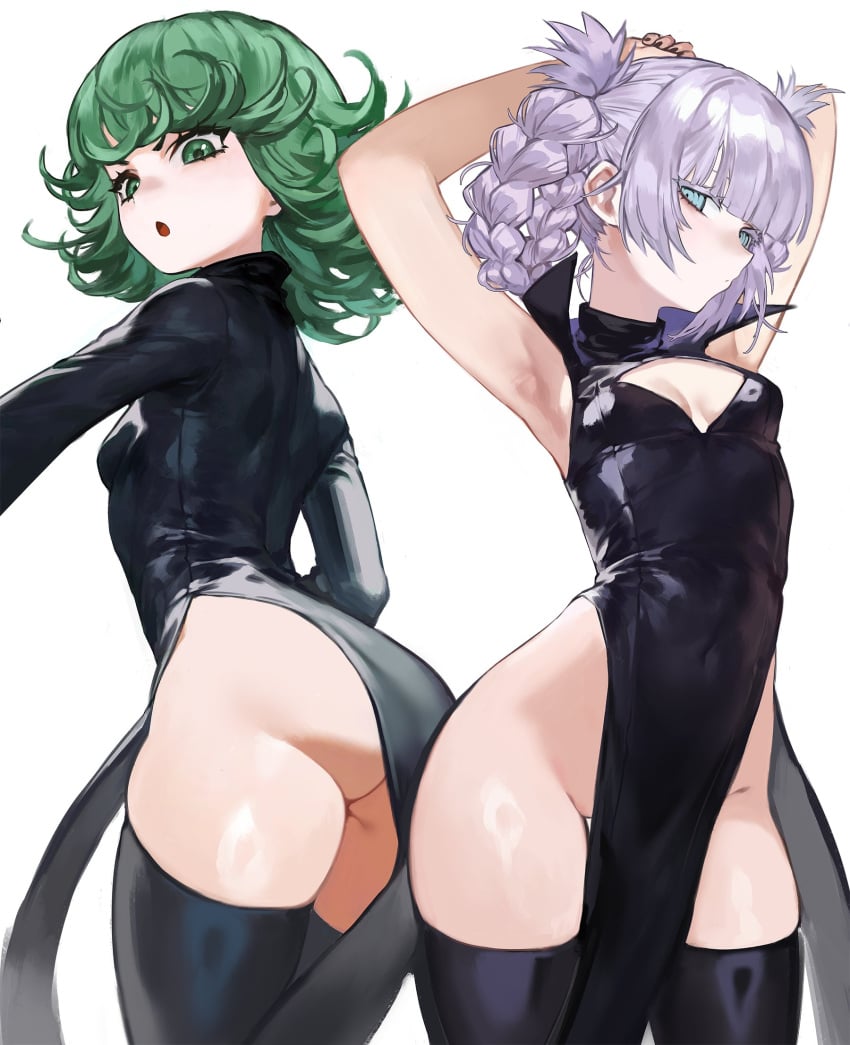 2girls ass big_ass black_dress black_legwear black_thighhighs blue_eyes braid braided_hair breasts call_of_the_night clothed clothing crossover dress female female_only foolish_potato green_eyes green_hair nanakusa_nazuna no_panties one-punch_man petite purple_hair revealing_clothes shiny_skin short_hair small_breasts tatsumaki thick thick_ass thick_thighs thighhighs thighs yofukashi_no_uta