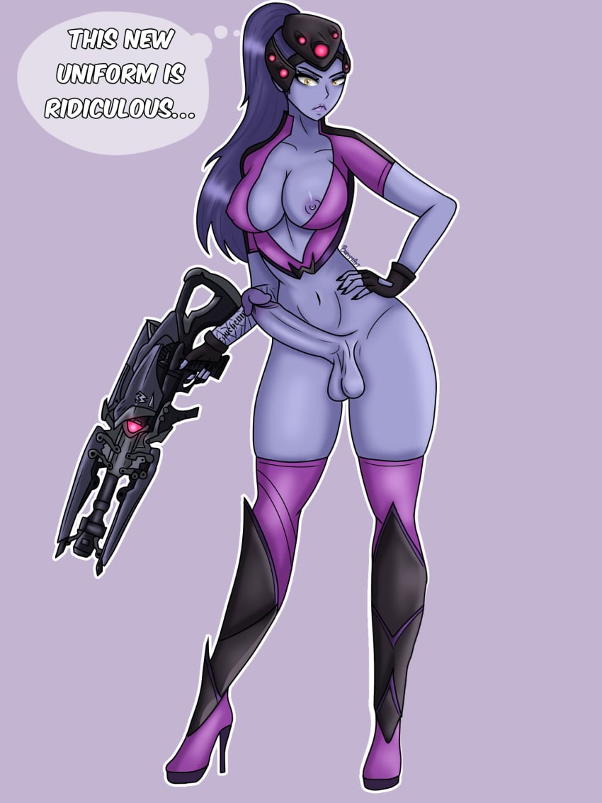 blizzard blizzard_entertainment breasts breasts_out bunyyart erect_penis erection futa_only futanari futanari/female gun naked naked_female nipple nipples overwatch overwatch_2 penis penis_out purple_body purple_hair purple_skin skinny skinny_girl sniper sniper_rifle widow widowmaker widowmaker_(overwatch) yellow_eyes