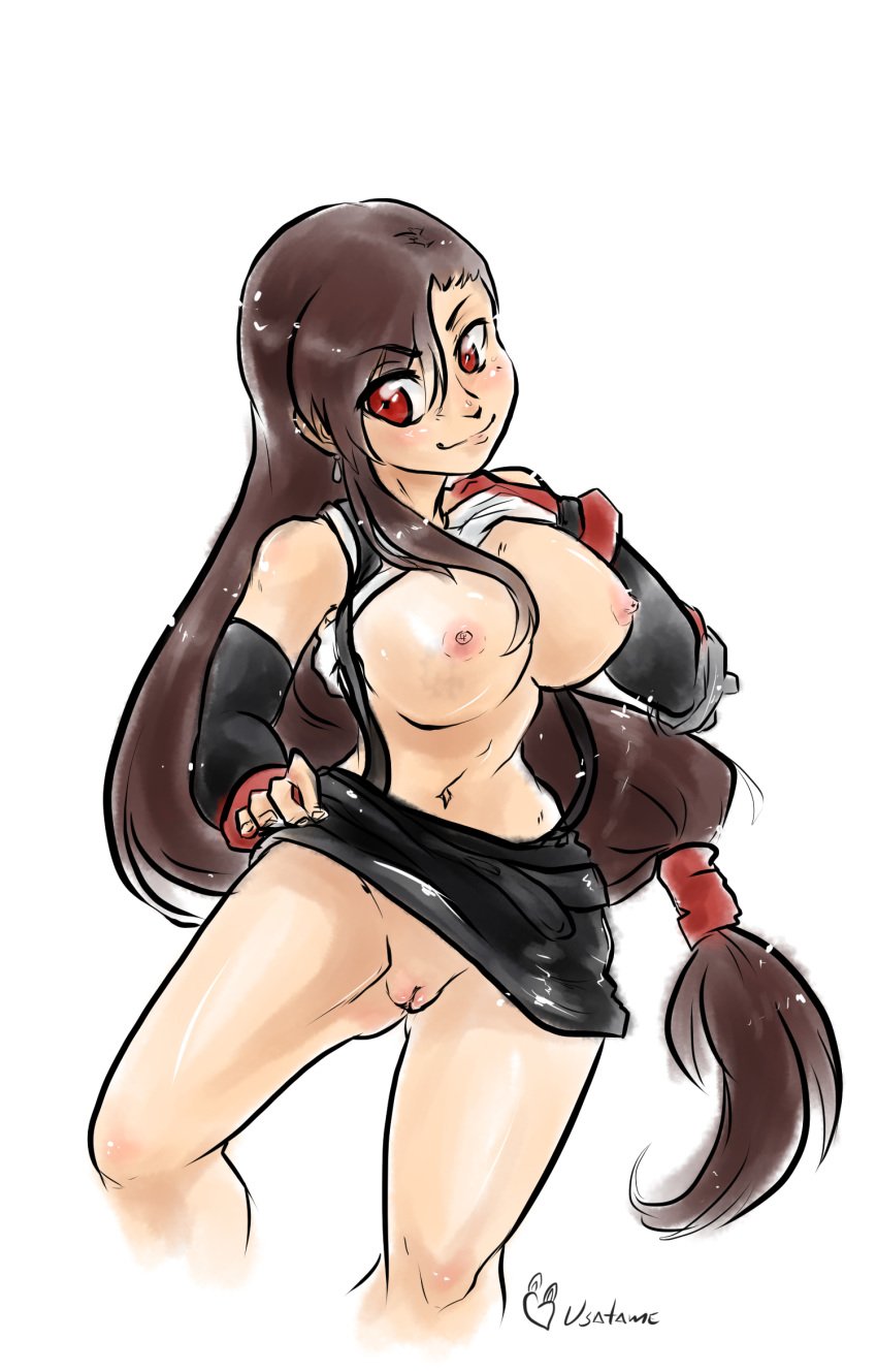 blush breasts brown_hair cropped_legs detached_sleeves elbow_pads female female_only final_fantasy final_fantasy_vii fingerless_gloves gloves highres human large_breasts long_hair low-tied_long_hair navel open_mouth pussy red_eyes shirt_lift skirt skirt_lift smile solo suspenders tifa_lockhart usatame very_long_hair