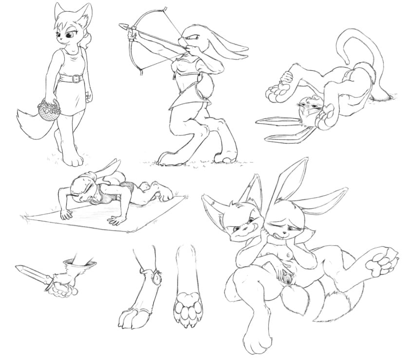 almar anthro basket bow breasts canine clitoris clothing dagger dress exercise feline feline flower fox lagomorph mammal melee_weapon monochrome pawpads plant pussy rabbit simple_background sketch tentacle tongue tongue_out weapon white_background