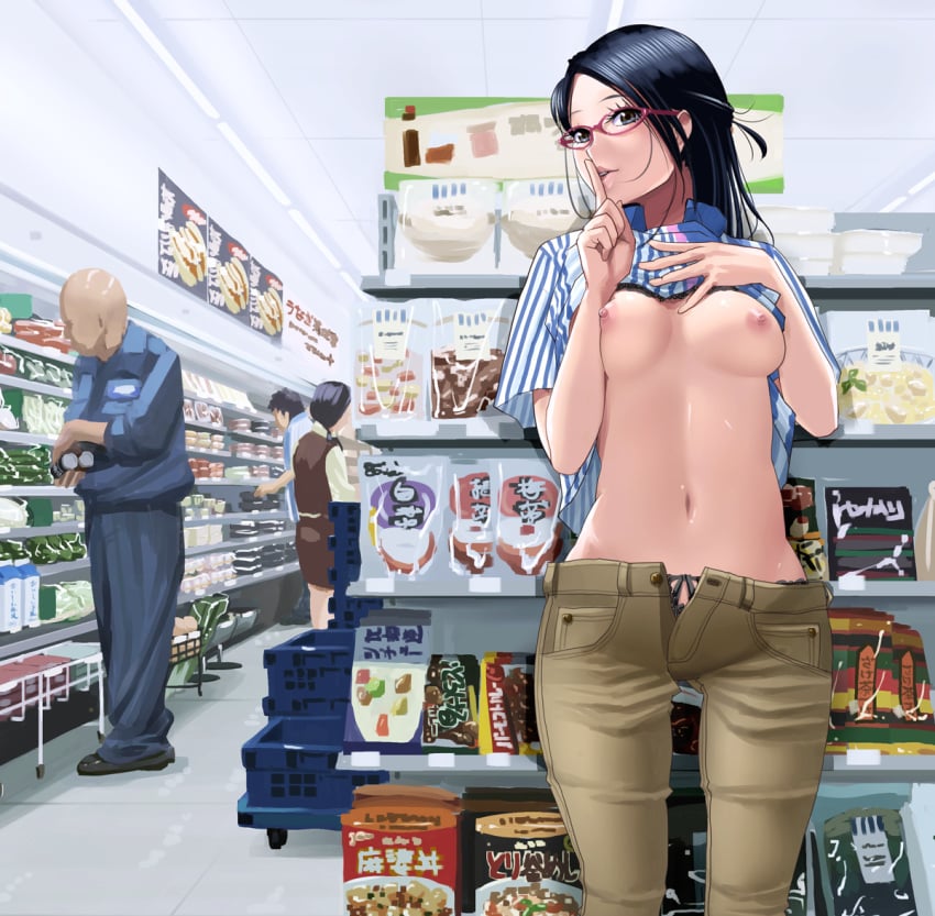 2boys black_hair blue_eyes breasts clerk convenience_store employee_uniform exhibitionism exposed exposed_breasts female finger_to_mouth flashing glasses lawson long_hair looking_at_viewer multiple_boys multiple_girls navel nipples no_bra open_fly oppai_challenge original packet panties pants pao_(otomogohan) parted_lips pink-framed_glasses public public_exposure public_nudity revision shirt shirt_lift shop shushing smile stomach striped striped_shirt supermarket thigh_gap underwear uniform unzipped