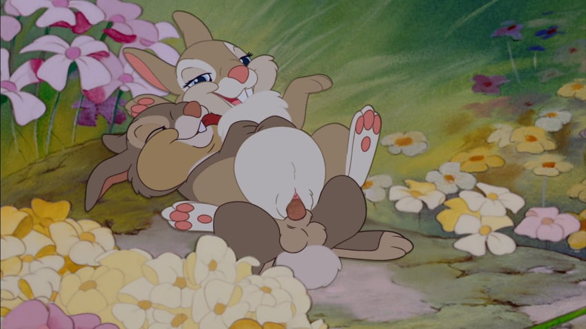 bambi_(film) blossom_(bambi) closed_eyes disney female feral feral_on_feral flower from_behind happy happy_sex incest lagomorph licking lying male mammal no_humans on_back on_top outdoors penis plant pussy rabbit reverse_cowgirl_position sex straight the_giant_hamster thumper tongue tongue_out