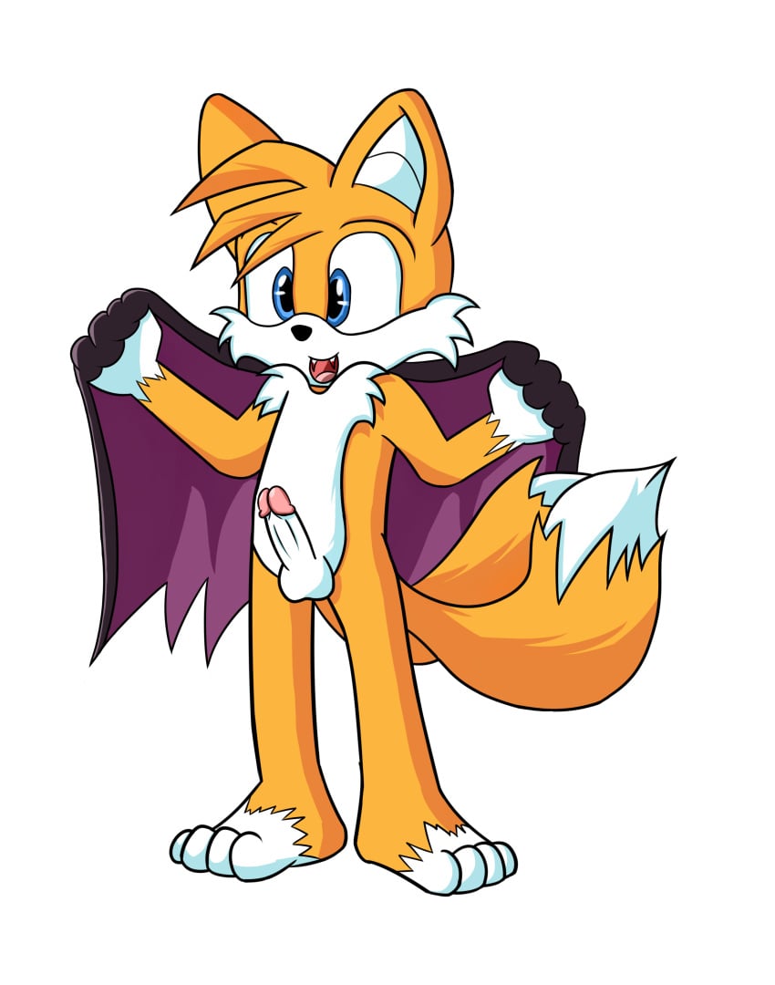 1boy anthro balls barefoot blue_eyes canine cloak costume dracula erection fox foxkai fur halloween happy holidays humanoid_penis male male_only mammal multiple_tails nude orange_fur penis smile solo sonic_(series) tails vampire