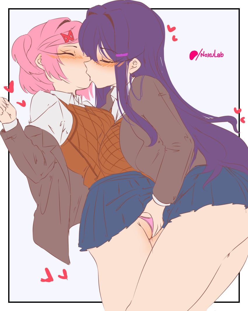 2girls arte_mitzuki artemitzuki_(artist) blush closed_eyes doki_doki_literature_club eyes_closed female female/female female_focus female_only fingering fingering_partner fingering_pussy hearts hearts_around_head kissing lesbian lesbian_kiss long_hair multiple_girls natsuki_(doki_doki_literature_club) pink-haired_female pink_hair purple-haired_female purple_hair school_uniform yuri yuri_(doki_doki_literature_club)