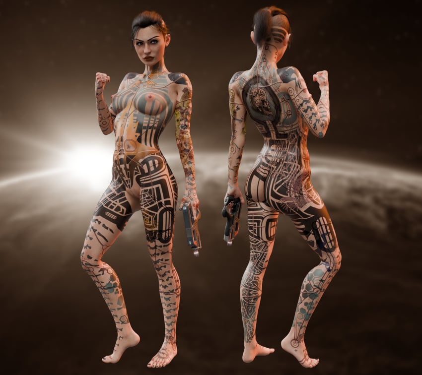 1girls 3d alternate_version_available ass bioware breasts chirpychirp99 female jack_(mass_effect) mass_effect nipples nude pussy small_breasts solo tattoo