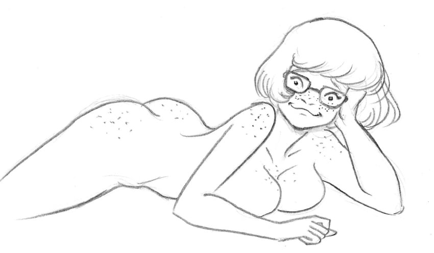 female female_only freckles glasses hanna-barbera human lying_on_stomach monochrome nude pookie pookieart rough_sketch scooby-doo solo the_pose velma_dinkley