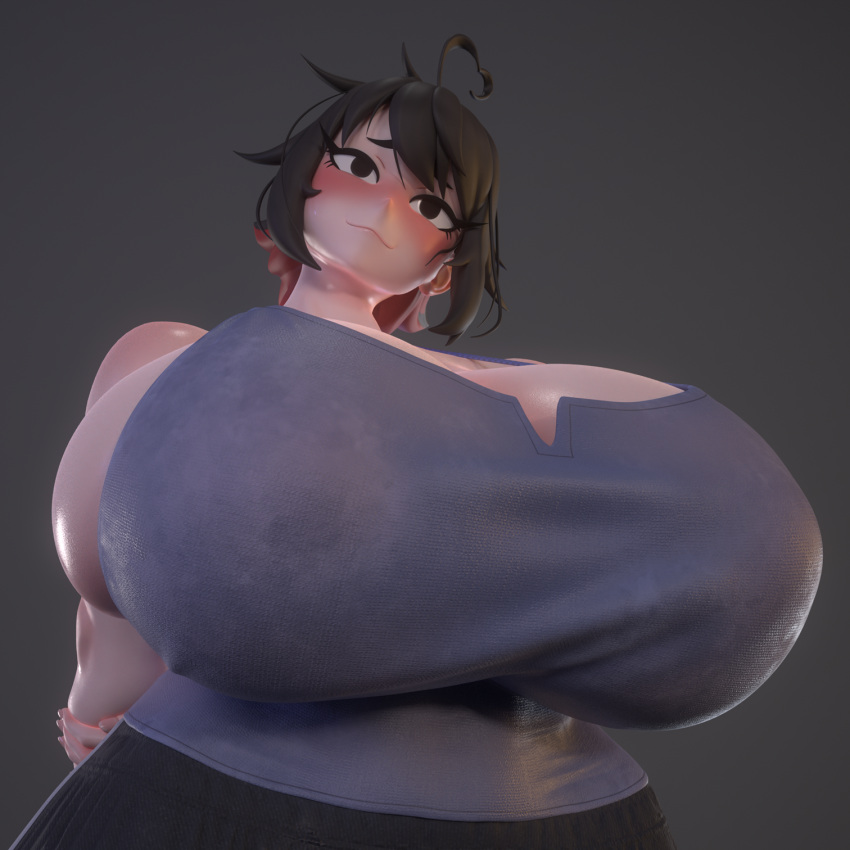 1girls 2022 3d 3d_(artwork) ahoge big_breasts black_hair blush cleavage curvy_figure gigantic_breasts grey_background head_tilt heart-shaped_ahoge huge_breasts hyper_breasts lili_(littlej/zi19191) littlej_(zi19191) oc original_character pale-skinned_female red_highlights shorts tank_top thick_thighs usukeninja viewed_from_below wide_hips