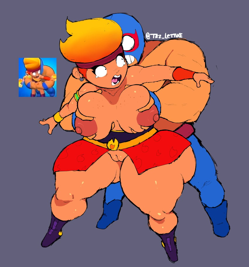 1boy 1girls amber_(brawl_stars) before_sex boobs brawl_stars breasts el_primo_(brawl_stars) female hands_on_breasts male mexican pussy showing_pussy surprised trz_lettuce